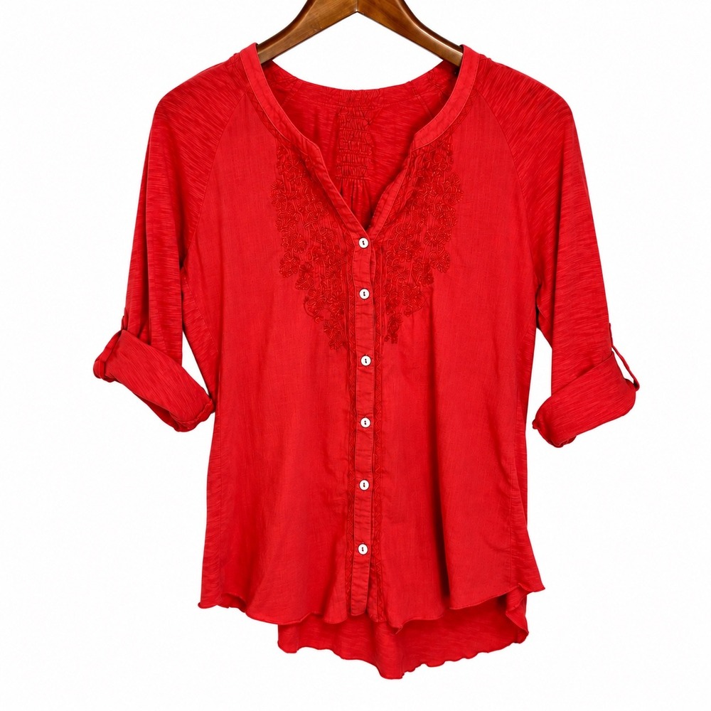 Nine West Vintage America Pink/Red Embroidered Roll Tab Sleeve Top Small VAK-347
